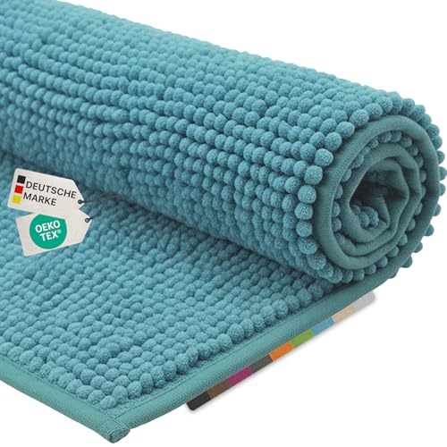 NYVI Badematte NYVISpa Chenille Badteppich 70x120 cm Rechteckig Aqua | Rutschfest, Saugstark, Schnell Trocknend, Fußbodenheizung geeignet, OEKO-TEX, Waschbar, Weich