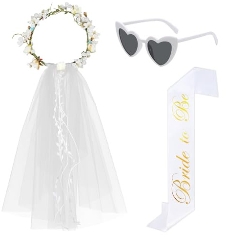 Scettar 3 Stück JGA Accessoires Frauen, Schleier Braut mit Kranz, Bride to Be Schärpe, Weiß Herz Sonnenbrille, JGA Deko, für Junggesellinnenabschied