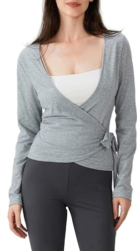 Kouoybt Women's Wrap Tie Top Long Sleeve Ballet Workout Yoga Shirt Y2K Coquette Blouses V Neck Cross Front Shirt (A-Gray, S)