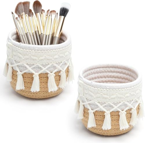HENGBIRD 2 Stück Boho Pinselhalter Korb Geflochtene Körbchen für Schminktisch Organizer und Kosmetik mit 15-teiliger Make-up Bürsten Set Pinselhalter Kosmetik ideal für kleine Körbchen im Badezimmer
