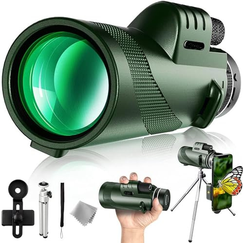 Auricase Monokulares Teleskop, Monokular 12x50, Hochauflösendes Monokular für Erwachsene mit BAK4-Prisma und FMC-Objektiv, mit Smartphone-Adapter, für Vogelbeobachtung, Jagen, Wandern (N-Grün)