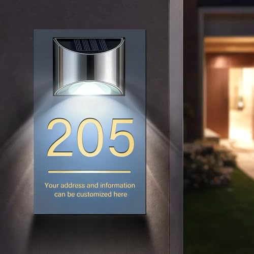 Personalised Solar Door Sign with Light & Front Door Numbers Plaques | Waterproof illuminated door signs. Add custom name & number. Auto-lit solar house sign. 100% wireless installation.