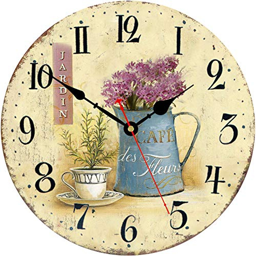 Toudorp Horloge Murale en Bois 14 Pouces Chiffres Arabes Facile à Lire Horloge Murale Silencieuse Vintage à Piles Café et Fleurs Style Horloge Murale Décorative pour Chambre, Salon, Salle à Manger
