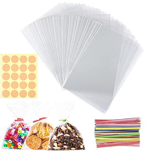 Hemiks 200 Stück Süßigkeiten Tüten, 10 x 15 cm Transparent Cellophantüten mit 200 Twist Ties, 200 Aufkleber, Geschenktüten für Weihnachten, Halloween, Befüllen für Kekse, Schokolade