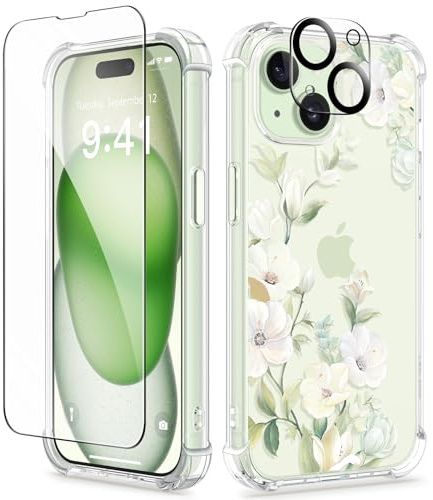 GVIEWIN Kompatibel mit iPhone 15 Hülle 6,1 2023, mit Displayschutzfolie + Kameraschutz, [Militärischer Schutz] Anti-Gelb Blume Klar TPU Dünn Stoßfest Kratzfest Handyhülle, Hibiskus/Grün