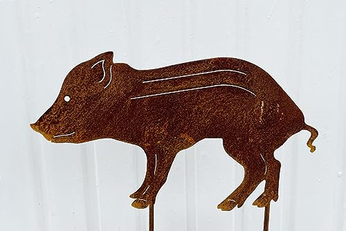 STEINFIGURENWELT GIEBEN Wildschwein Frischling 36x20cm zum Stecken Gartenstecker Edelrost Gartendeko Wetterfest Rost Gartenfigur Metall Rostfigur Tier Waldtier