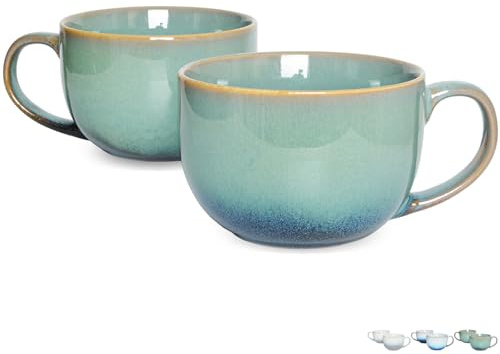 Bosmarlin Ceramic Large Coffee Mug Set of 2, 23 Oz, Jumbo Mug Soup Bowls with Handles, Dishwasher and Microwave Safe (23 Oz, Pale Green)
