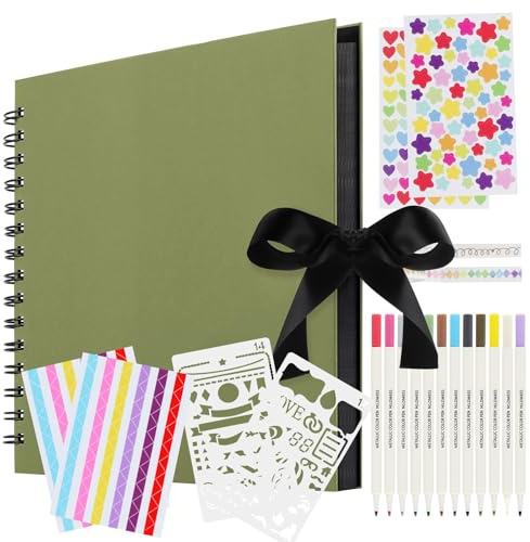 Album Fotografico Fai da Te, Scrapbooking Albums 80 Pagine Nero con 12 Pennarelli Metalliche, Spirale Album Foto Scrapbook per Nozze Battesimi Ricordi di Famiglia - Verde