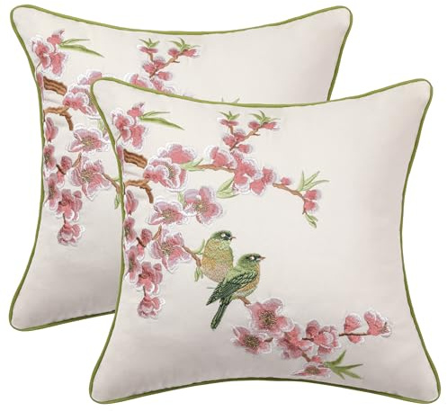 Holibeat Embroidered Pink Flower Birds Throw Pillow Covers 18 * 18 inches Spring Decorative Peach Blossom Pillowcases (Pack of 2) (Pink)