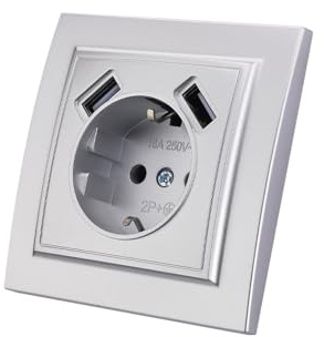 Prise Murale avec Prise Encastrable USB,2 prises USB,Prise murale d'intérieur 250V AC 16A,Prise de terre argent EP-10