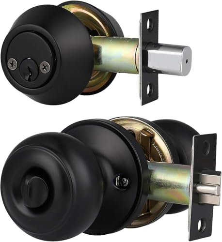 Brotima 1 Pack Keyed Alike Entry Door Knobs and Double Cylinder Deadbolt Lock Combo Set, Matte Black Finished Door Lock Set, Round Style Door Knobs Deadbolt