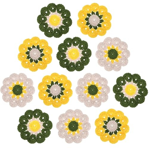 kilofly 12 pc Flower Crochet Coasters for Drinks 12cm 4.7 Handmade Doilies Set