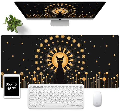 METEOROCK Sous Main Bureau Cuir-Tapis de Bureau Imperméable, Tapis D'ordinateur Antidérapant, Grand Tapis de Souris Facile à Nettoyer, Tapis de Clavier pour la Maison(90 x 40 CM, Chat Noir)