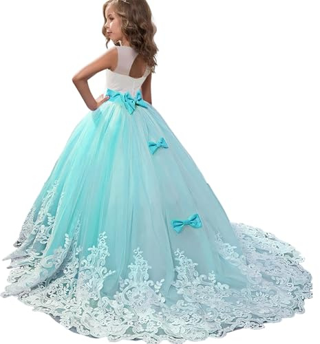 Discoball Robe de princesse pour fille, avec nœud à fleurs, mariage, bal de fin d'année, demoiselle d'honneur, robe de fête pour fille de 6 à 15 ans, robe longueur ras du sol, Vert, 6-7 ans