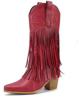 Genérico Botas Cowboy Western De Media Pierna para Mujer, Ajuste Ancho, Tacón Grueso, Bordadas Y con Flecos, Estilo Equitación,Rojo,42 EU