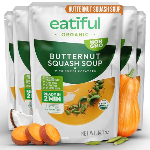 EATIFUL Organic Vegan Butternut Squash Pumpkin Soup, Ready to Eat, 5-Pack | Gluten-free, non-GMO, USDA & EU Organic. Made with sweet potatoes & coconut cream. No added sugar or preservatives
