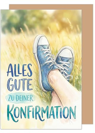 Edition Seidel Premium Glückwunschkarte zur Konfirmation mit Umschlag. Konfirmationskarte Karte Grußkarte Spruch Sprüche Mädchen Junge Jugendliche Turnschuhe Wiese Feld cool modern Natur (KF351 SW026)