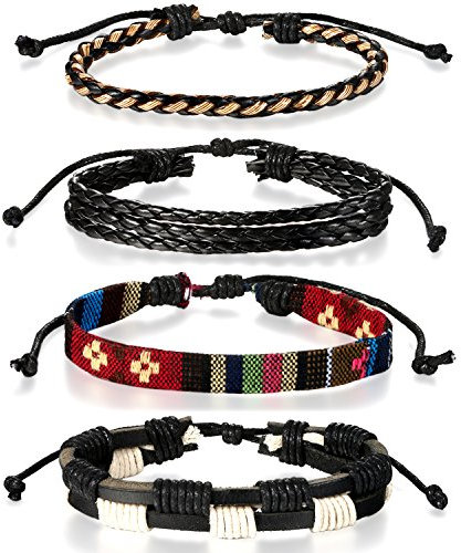 Flongo 4 Stück Leder Holz Armband Armreif Lederarmband Kordelkette Seil Schwarz Braun Mehrfarbig Geflochten Surfer Wickeln Motorradfahrer Verstellbar Einstellbar Herren,Damen Modell L