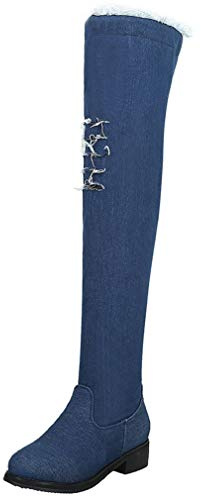Birdsight Chaussures Jean Bottes Longues Cuissarde Femme Boots Talon Plat Bloc Carrés Winter Booties Thigh High Chunky Heels Élégant Shoes（Bleu foncé,40