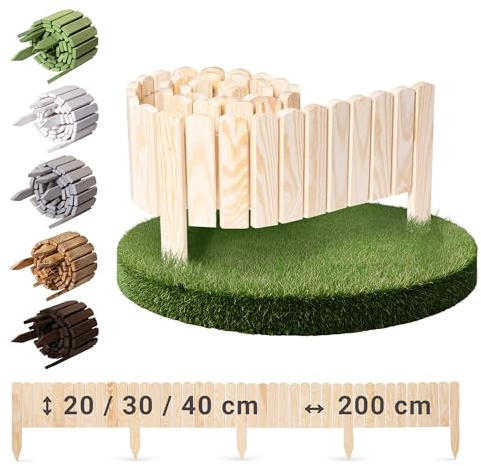 BOOGARDI rabattinfattning trä – gräskant i 18 mönster – natur 30 cm hög x 200 cm lång – rabattgräns, insatsstaket, rabattkant, rullstaket, trästaket, trädgård