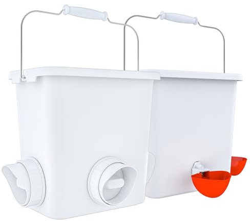 Stor automatisk kycklingmatare och vattenautomat set 20 pund / 3 gallon kyckling vattenmatare fjäderfäfoder hink (3 gallon och 20 pund, vit)
