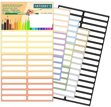 Arterby's® – 128 Klebeetiketten, Bleistifte, Stifte, Marker – 10 x 46 mm – 12 Farben – wasserfestes Vinyl, farbig, Kinder, Schule, Kindergarten, Namen, Bücher, Notizbücher (COL001)