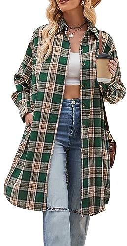 Bozanly Womens Oversized Mid Long Plaid Flannel Shirts Shacket Jacket