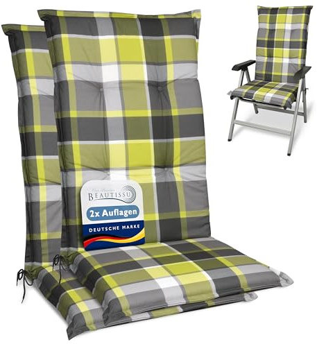 Beautissu Set de 2 Matelas Coussin pour Chaise Fauteuil Haut Dossier 120x50 cm Vert Sunny GR – 6cm Epaisseur & Résistants aux UV – Confortable Coussin Jardin Terrasse Balcon