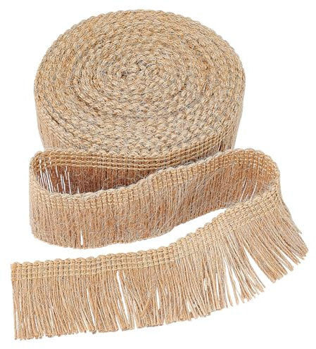 GORGECRAFT 5m*37mm Flecos de Arpillera Borla Borla Costura de Encaje de Yute Cadena de Costura Adornos de Fibra Cordón de Yute Plano Cepillo de Cuerda de Cáñamo Adornos Básicos para Decor Navideña