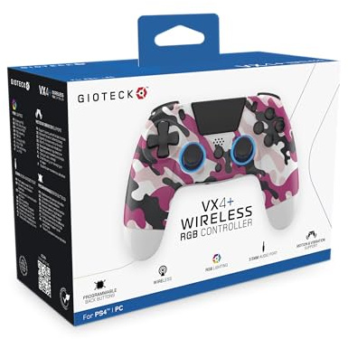 Gioteck VX4+ Wireless Controller for PlayStation 4 (PS4) - Pink Camo - Customisable RGB Lighting and Programmable Back Buttons - Bluetooth Compatible