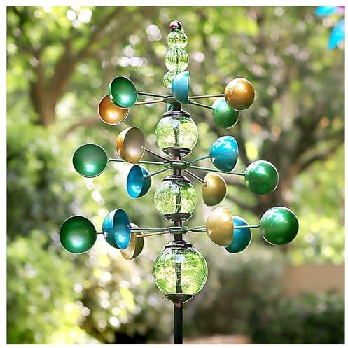 MeLtor Windrad Metall Garten, Windrad Garten Metall Gross XXL, 3-stufiger Gartenstecker mit Knisterkugeln aus Glas Garten Windrad FüR Den AußEnbereich,Terrasse