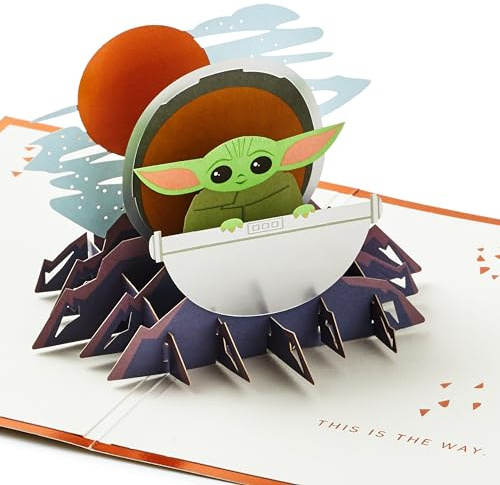 Hallmark Star Wars: The Mandalorian, 3D & Pop-up kort för alla tillfällen, Grogu & Space Pod, födelsedag, fars dag, son, pappa, brorson, rymdtema, koppar