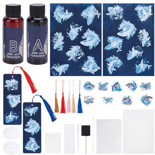 WEBEEDY Sonne Druck Papier Kits Wale Cyanotypie Papier Kit mit Quaste Lesezeichen Tiere Sonne Druck Natur Druck Papier Hochempfindlich Sonne Papier für Erwachsene, 30 Blätter, 22x15,5cm