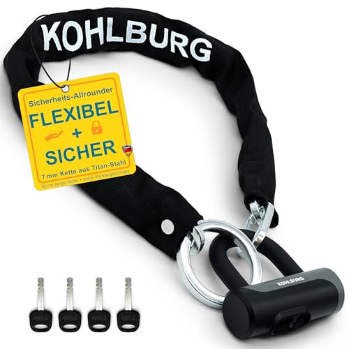 KOHLBURG Candado de cadena seguro [cadena de acero de titanio de 7 mm de grosor, con anillo adicional, 85 cm de largo] – Candado para bicicleta con cerradura extra con llave [4x] como candado de