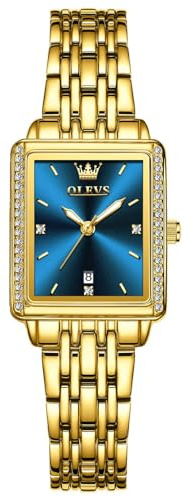 OLEVS Orologi Da Donna Quadrato Delicato con Facili Da Leggere Lusso Gold Watch Women Acciaio Inossidabile Elegante Blu Quadrante Orologio Donna Piccolo Impermeabile Orologio con Data del Giorno