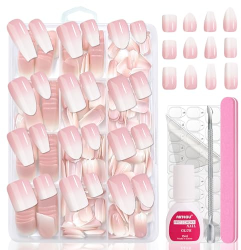 Falsche Nägel Tips Set - 288 Stück Weiß Französisch Falsche Nägel Zum Aufkleben - Kurz Almond Ballerina Rosa Gradient Fake Nails mit Kleber für Frauen Natürliches Angenehmes Tragegefüh (Baby Rosa)