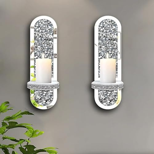 Biznest Set of 2 Silver Crystal Wall Sconce Candle Holders Mirrored with Crushed Diamond Design 38x11x10 cm (Oval)