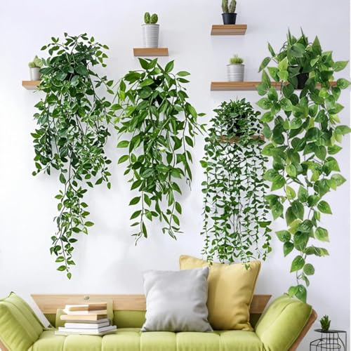 4 Pack Artificial Hanging Plant with Pots - Realistic Green Plants Flowers, Fake Potted Plants with Mandala Vine, Eucalyptus, Pea pod Leave, Ivy Vine for Office Decor, Living Room, Farmhouse