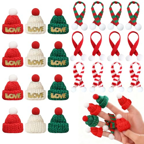 ZukQvrivelig 24 pièces Set Décoration Noël Mini - Petites Casquettes & Écharpes, pour Bouteilles, Doigts, Père Noël & Arbre