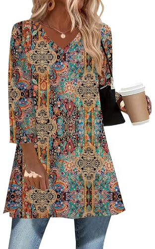 AKEWEI Women's 3/4 Long Sleeve Boho Shirts Casual Dressy Tops V Neck Tunics to Wear with Leggings Swing Flare XXL
