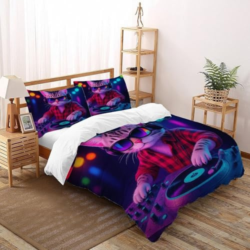 LOVEROGD Gatto Attrezzatura DJ Set Di Biancheria Da Letto Per 3 Pezzi Con Stampa 3D Music PastoralAnimal Copripiumino Con 2 Federe in Microfibra Morbida E Leggera Super King（260x220cm）