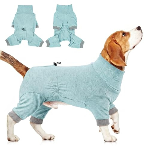Hundoverall för små medelstora hundar, lätt tunn hundpyjamas 4-bens hundjumpsuit stretch, hundonepiece & hundbody för hem, pyjamas, underkläder och pälsskydd, melerad blå 2XL