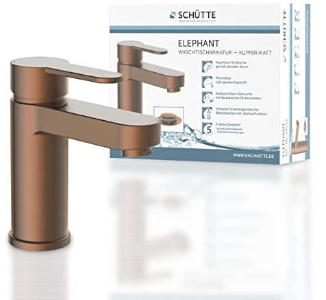 SCHÜTTE ELEPHANT 34213 Robinet de lavabo élégant avec robinet de vidange pour salle de bain avec excentrique pop-up, Cuivre