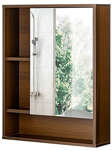 ChooChoo Bathroom Wall Mirror Cabinet, Medicine Cabinet with Single Door and Adjustable Shelf, Over The Toilet Space Saver Storage Cabinet, Walnut