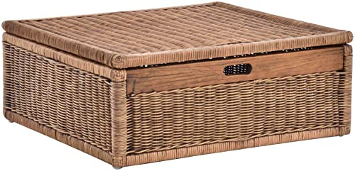 Großer Unterbett Schub aus Rattan 64x58x25cm / Unterbettkommode mit Deckel, Bett Kasten Korb Kleider Aufbewahrung Box (Vintage Braun)
