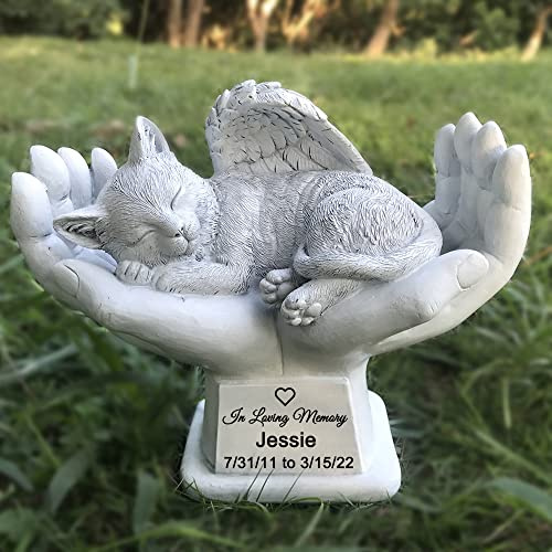 Personalisierte Gedenkkatze Engel Tribute Statue mit in Gottes Händen, Haustier-Katzen-Grabmarker, Grabstein, Gedenkstein, Gartensteine, personalisierbarer Name und Datum