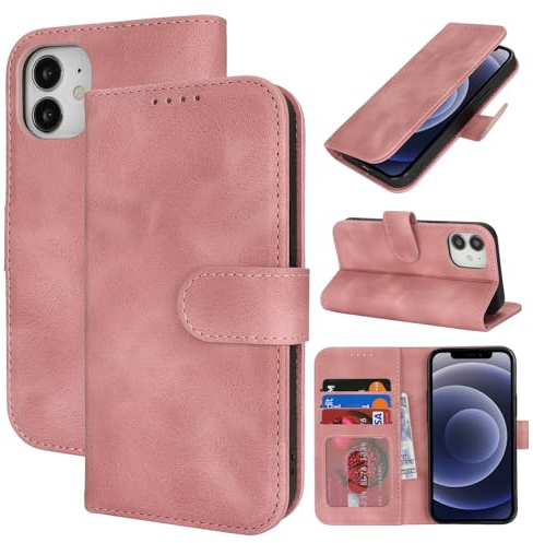 Zouzt Hülle für iPhone 12 Mini (5,4), Premium PU Leder, Vintage Rose Pink | Handyhülle mit Kartenfächern, Magnet Klapp Schutzhülle, Stoßfeste TPU-Innenhülle, Frauen Männer, Leather Wallet Phone Case