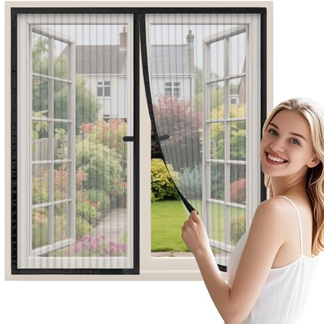 WENT Zanzariera Magnetica per Finestre 80x140 cm - Zanzariere Magnetiche per Porte Finestre Scorrevole, Chiusura Automatica, con Nastro Adesivo, Installazione Rapida senza Attrezzi, Nero