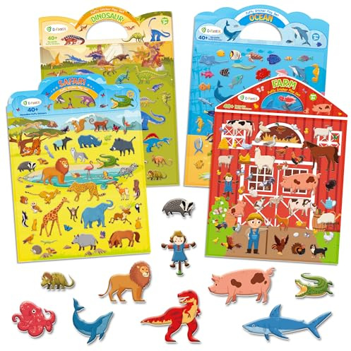 D-FantiX 3D Aufkleber für Kinder 3 4 5 6 7 8 Jahre, 4 Stück Wiederverwendbares Stickerbuch für Jungen Mädchen, Bauernhof Dinosaurier Ozean Safari, beschäftigung autofahrt kinder reisebeschäftigung