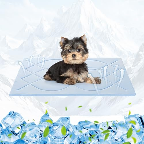 Tivray Hundekühlmatte, 58 × 91 cm (M), Q-Max > 0,4, selbstkühlende Hundematte, wendbar (kühl & warm), doppelseitige Kühlmatten für Haustiere für den Sommer, Transportbox, Zwinger,ohne Gel, Blau + Grau